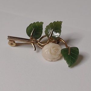 Vintage White Rose With Green Leaves Brooch